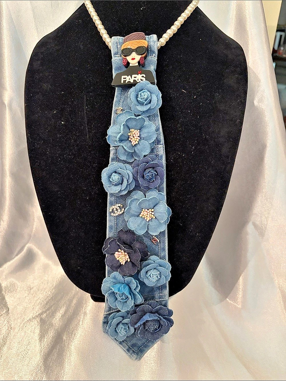 Floral Denim Statement Necklace in Blue & Black Like New